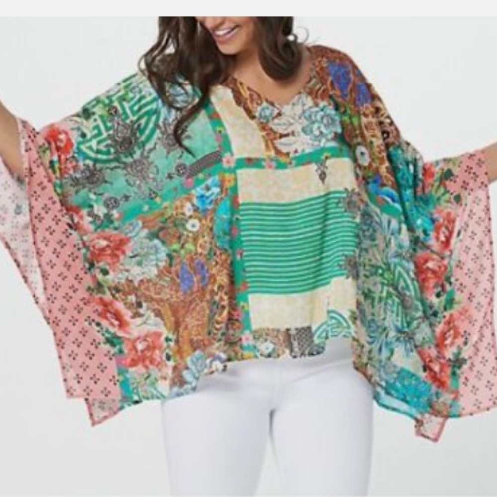 Tolani Multicolor Floral Patchwork Tunic — Teal & Pink